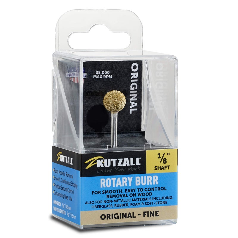 Kutzall Original Sphere Rotary Burr, 1â„8" Shaft, Fine - Wood Carving Bit for Dremel, Foredom, DeWalt, Milwaukee Tools. Abrasive Tungsten Carbide Coating, 3â„8" (9.5mm) Head Diameter, S-38-EG - Image 1